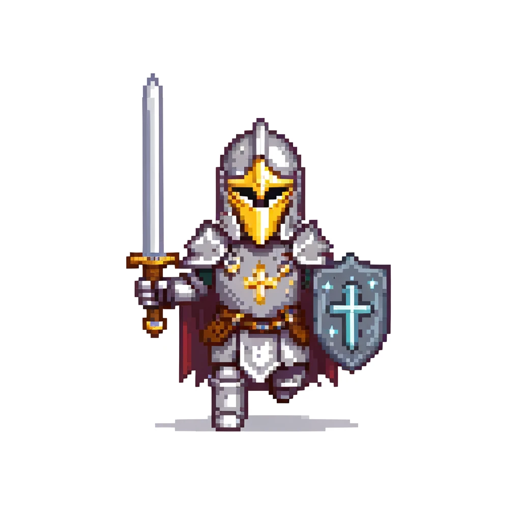 running paladin knight in shining armor with holy symbols and a sword emoji