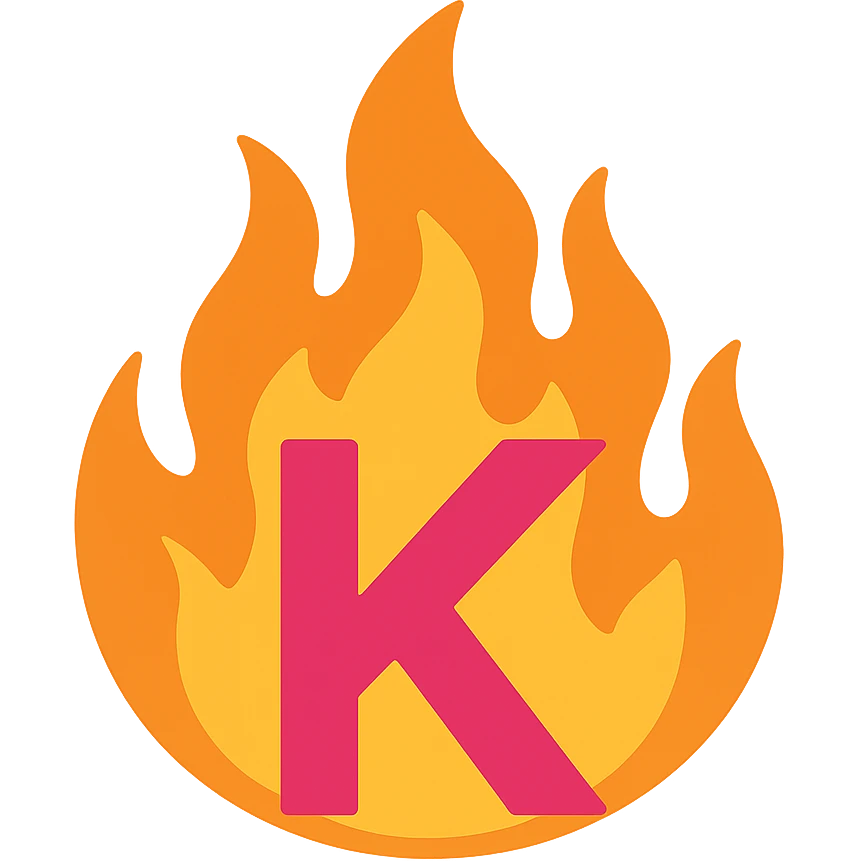 vibrant letter 'K' in color surrounded by stylized fire exaggerated to look dramatic and expressive emoji