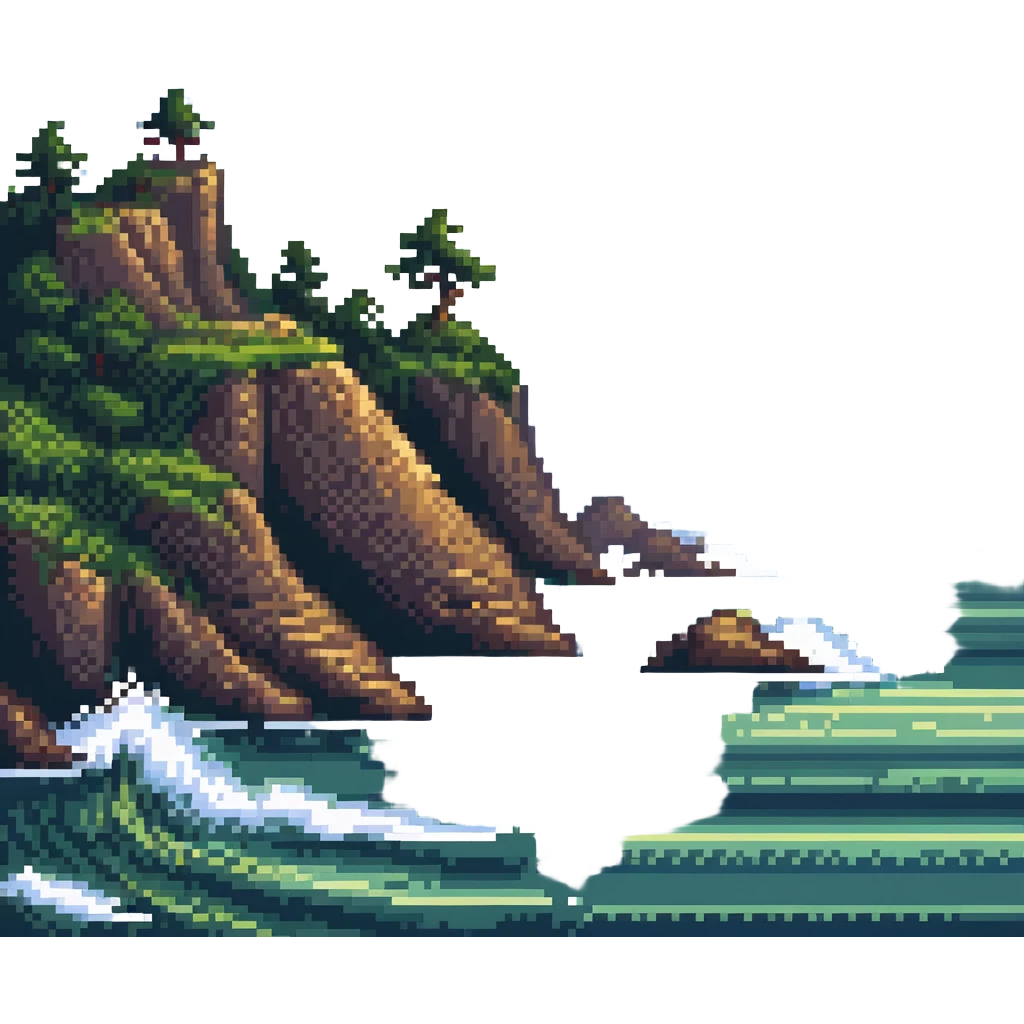 scenic coastline with waves and cliffs in pixel art style emoji