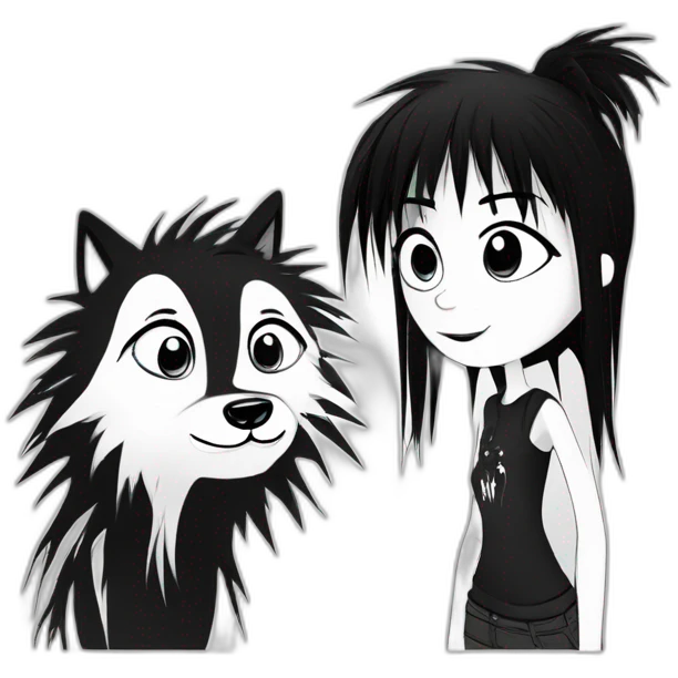 a dog and a girl with black spiky hair looking at each other in style of ((sarah andersen)), black and white,sarah andersen,cartoon,drawn,sketch emoji