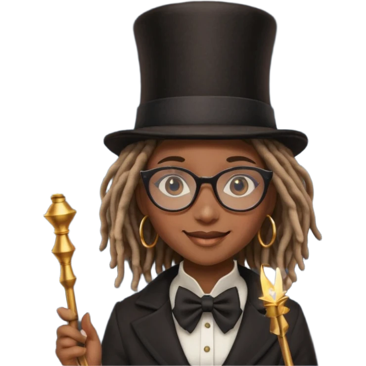 Black female with dread lock hair and large glasses in a top hat with a magic wand emoji