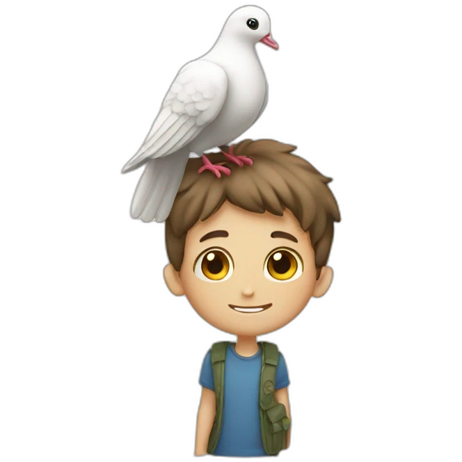 boy with a dove on top of his head and having peace sign hand" emoji