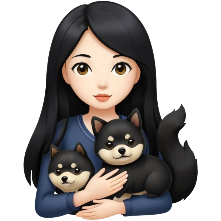 A beautiful girl with long black hair holding a black Shiba Inu emoji