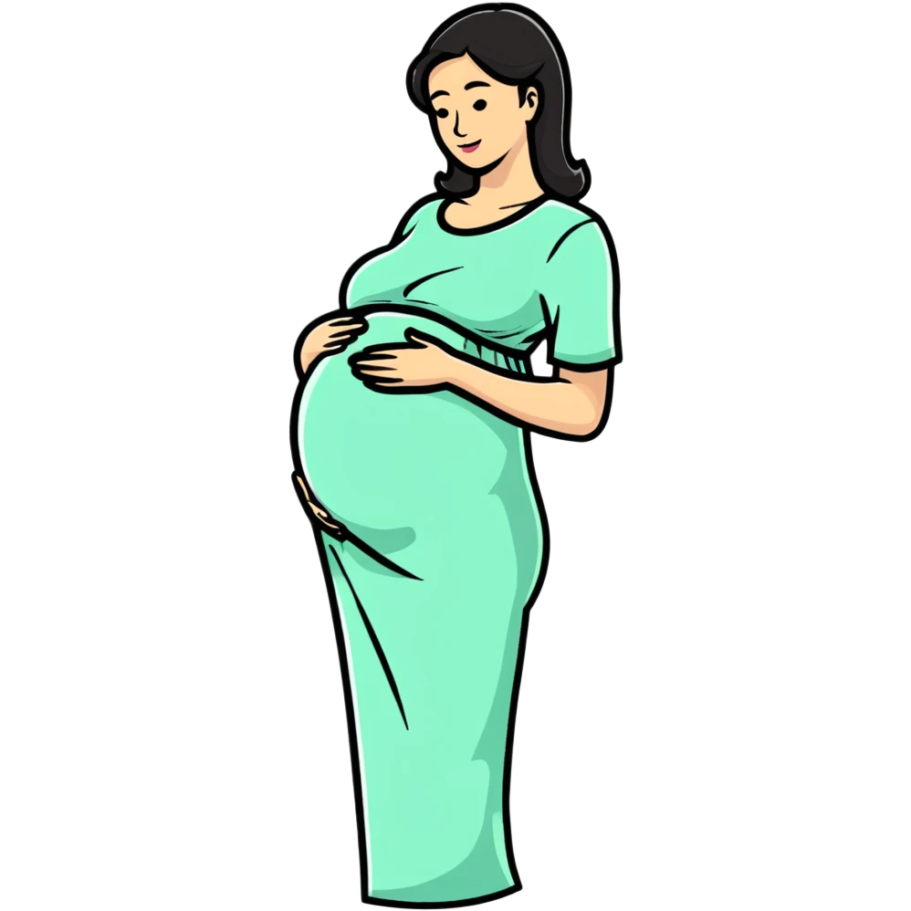 woman with small baby bump, just showing pregnancy emoji