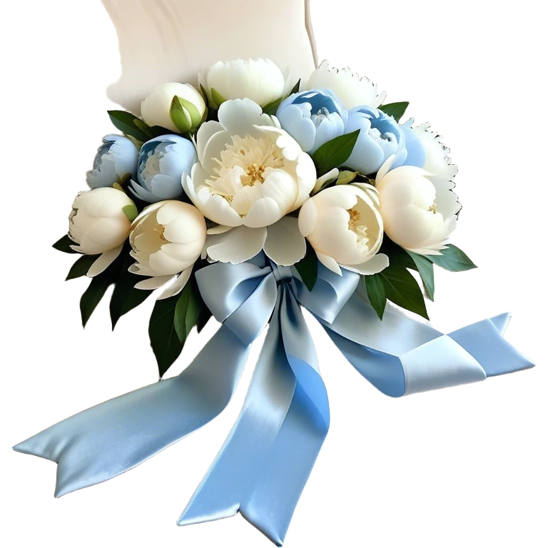 A cascading arrangement of white and pale blue peonies spills over a plush beige velvet fabric, their petals contrasting beautifully with the gentle richness of the background. A translucent, pearl-toned ribbon winds through the blooms, forming a loosely tied bow with delicate, flowing tails. The velvet absorbs the light, casting soft shadows that highlight the peonies’ intricate layers, making them appear even more voluminous and luxurious. emoji