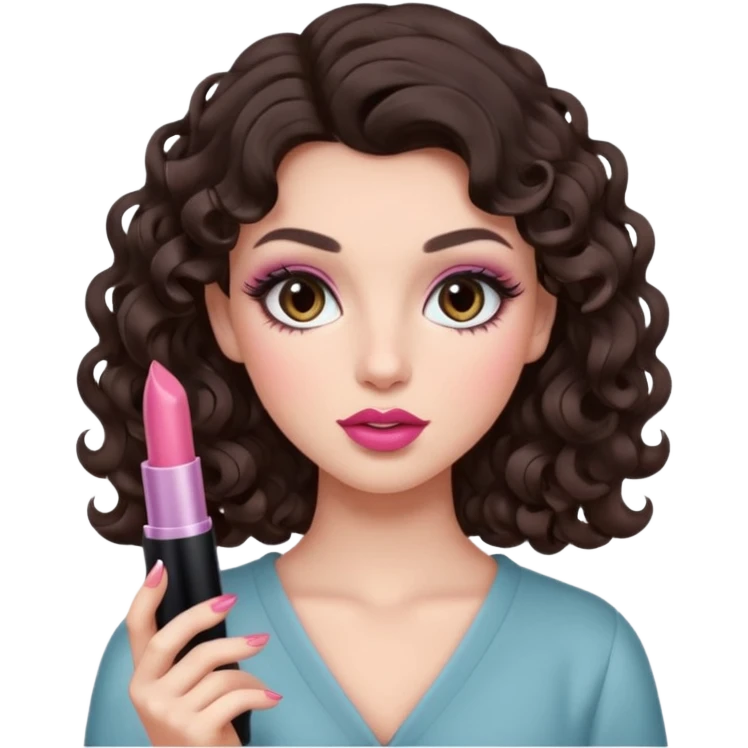 A dark brown hair little curl hair like 6 mm. roll looks so beautiful, she has an round and almond eyes with long and curl eyelashes in Douyin style, one of her hand carrying a lipstick looks similar to Rhode pink lip, her make up is cool tone and neutral style   emoji