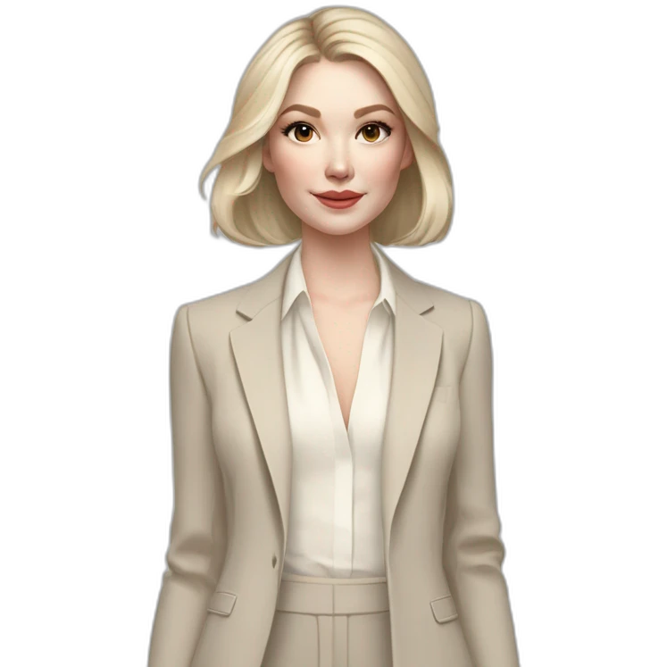 pale skin woman with ash blonde Straightened bob Hair, White Spacious classical jacket, beige palazzo Arrow pants and gray blouse holding a color palettes in the hands emoji