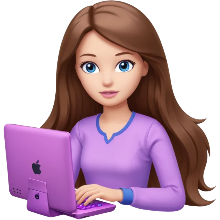 beautiful barbie girl with long brown hair, blue eyes and wearing light purple clothes playing pc games emoji