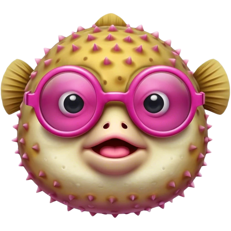 make a pufferfish with dark pink glasses that is fat doing a frown smerk emoji