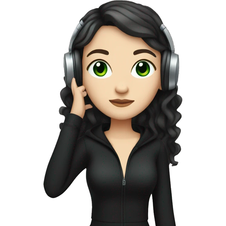 White  girl with dark hair green eyes, black clothes, listening to music  emoji