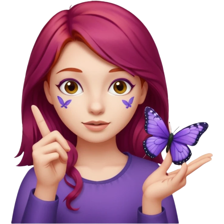red haired girl finger holding purple butterfly emoji