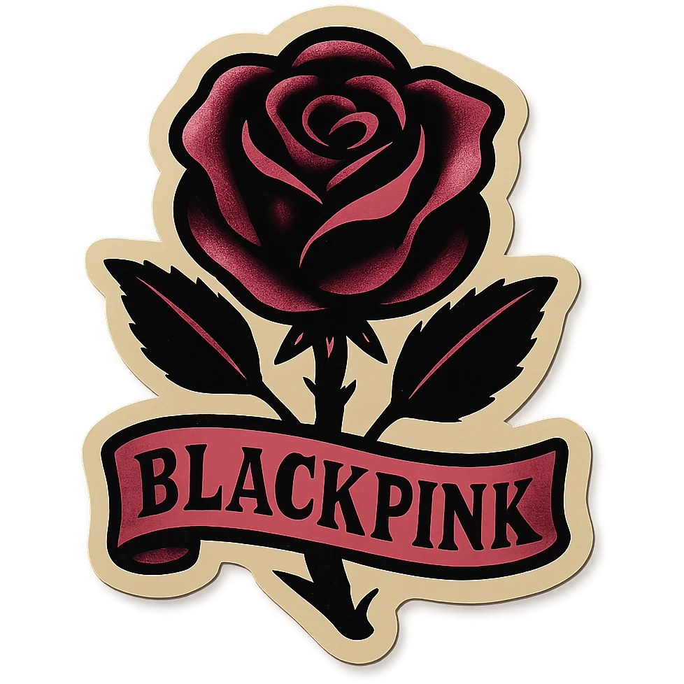BLACKPINK K-pop retro sticker, black and pink rose, elegant, stylish, vintage sticker style emoji