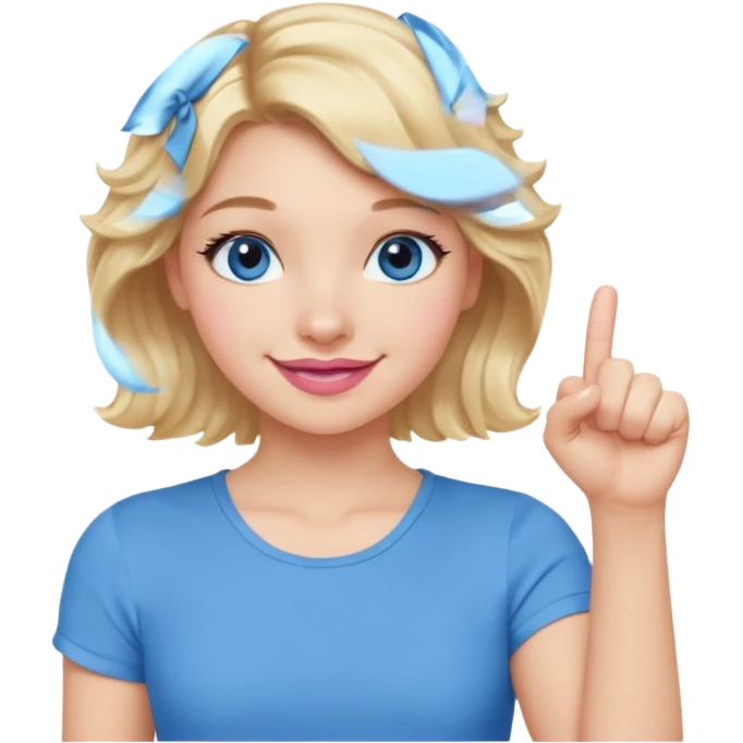 Girl Blonde short wavy hair,  blue eyes, cute blue top, long lashes, pink lips, smiling, fist bump emoji