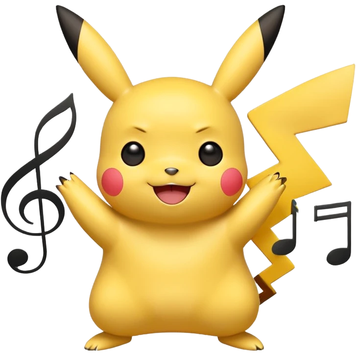 Pikachu inspired by the Rednote app emoji style, yellow body, musical symbols, cute happy face emoji