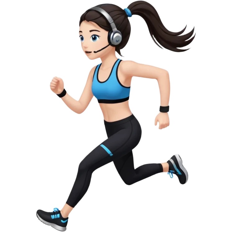 A girl with fair skin and a caring blush. Her eyes are big, expressive, blue. Her hair is long, straight, dark brown. 

 in a ponytail 


with black leggings and black spot bra running with headphones emoji