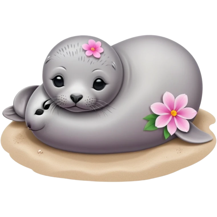 A small, slim baby seal resting gracefully on a sandy beach, with a delicate pink flower placed on its head.  Grey color emoji