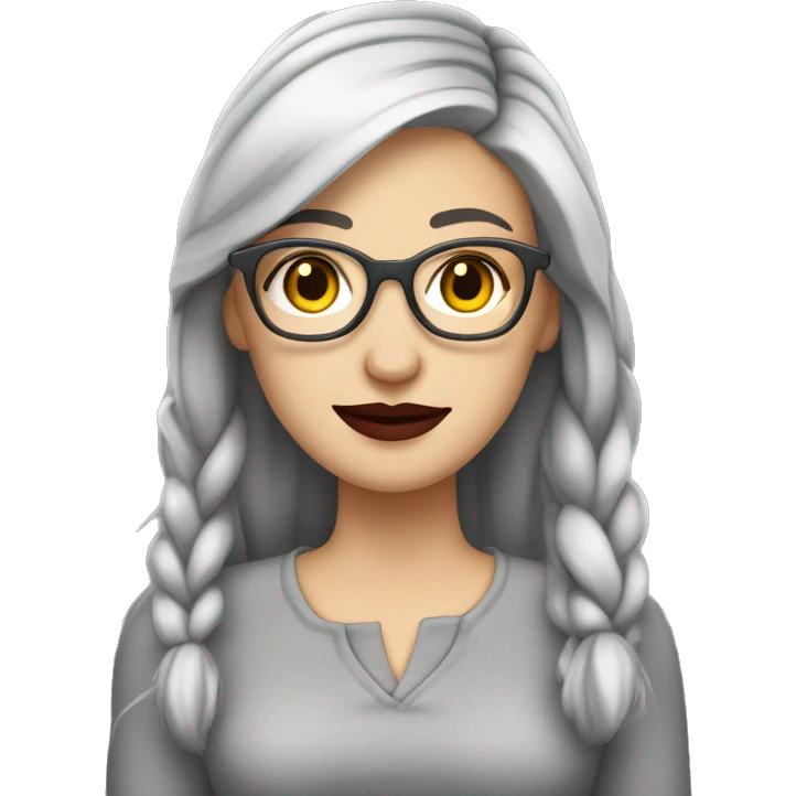 Attractive Caucasian woman with long straight grey hair worn in a braid, she has brown eyes, and is wearing wire frame glasses with dark red lipstick, she has a slightly  chubby face emoji