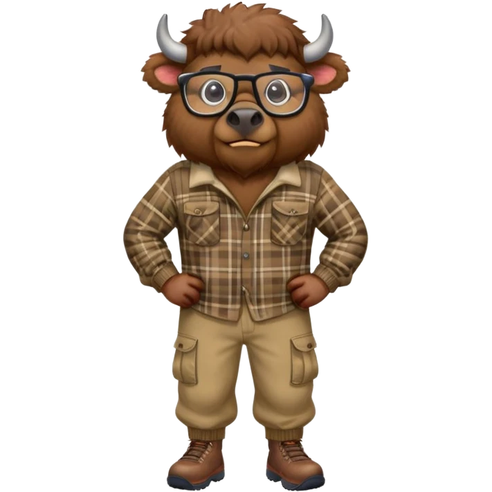 friendly anthropomorphised bison in cargo pants and plaid shirt, wearing glasses, jogging upright emoji
