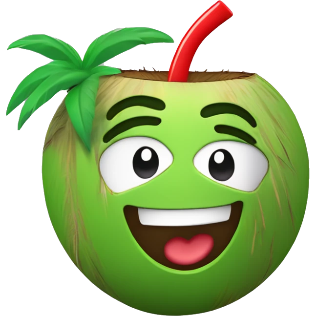 "Create a fun emoji of a green coconut with a red straw on top. The coconut is wearing a yellow t-shirt and making a 'C' gesture with one hand and a 'thumbs up' with the other. The character should appear cheerful and inviting." emoji