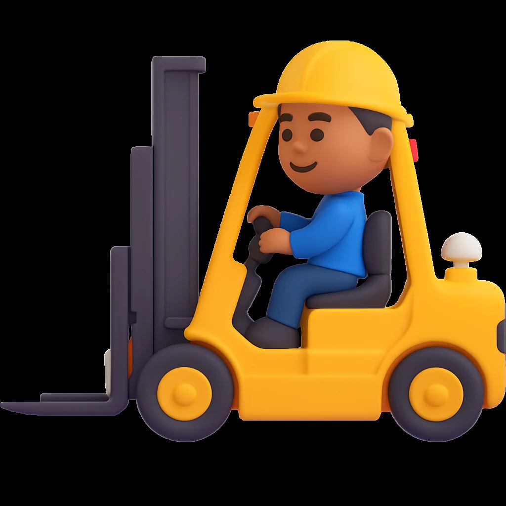 Add a driver to the forklift in a 3D emoji style, microsoft style 3d fluent emojis with smooth shading and simple features. emoji