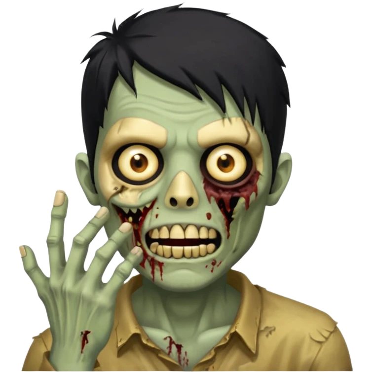 cabelo liso desordenado negro homen con aparencia de zombi y que haga un gesto mostrando los dientes de oro que se agarre la boca con la mano emoji