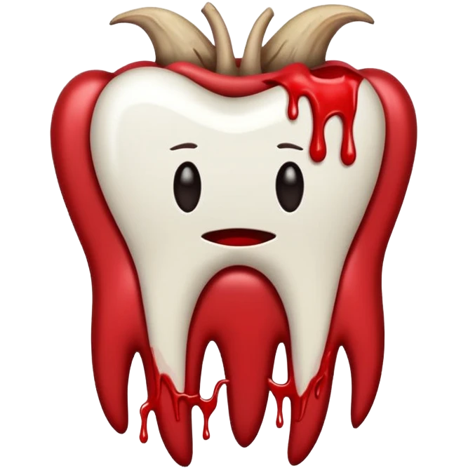 Minimalist emoji-style sticker of a pulled tooth with roots and a smear of blood at the base. Black and desaturated red colors. Flat, clean outline on white.
 emoji