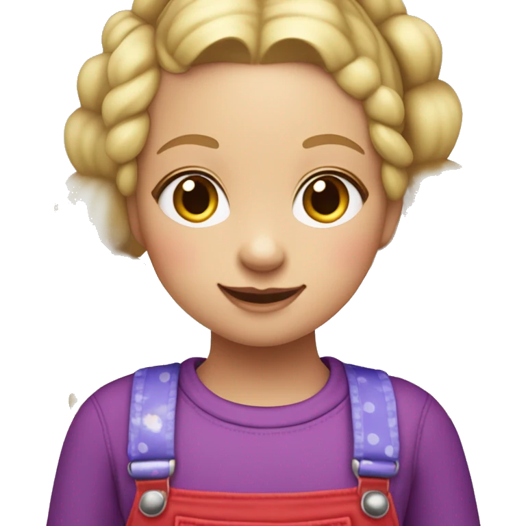 A little blonde girl with pigtails and little purple bows wearing a red long-sleeved shirt and purple overalls with blue tights with green polka dots and purple sneakers. emoji