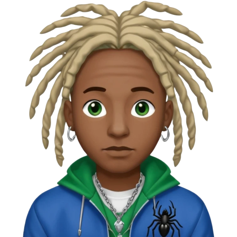 create a black male with locs and silver ear piercings and a left nose piercing and a spider necklace that’s black along with a varsity jacket that’s blue and green emoji