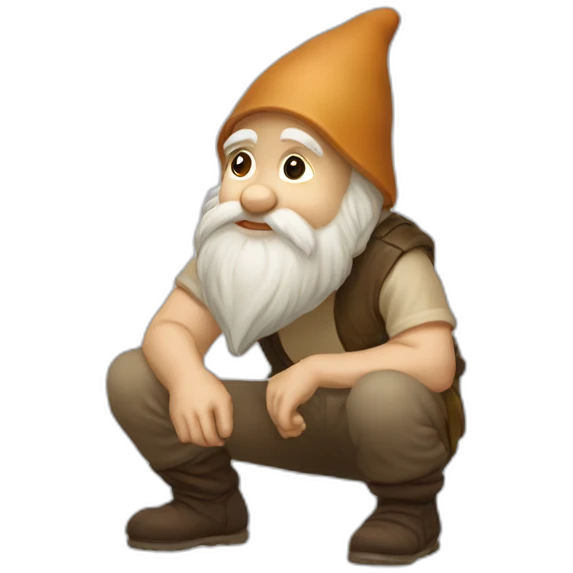 side view of gnome with light tan pants squatting on small dark brown pebble emoji