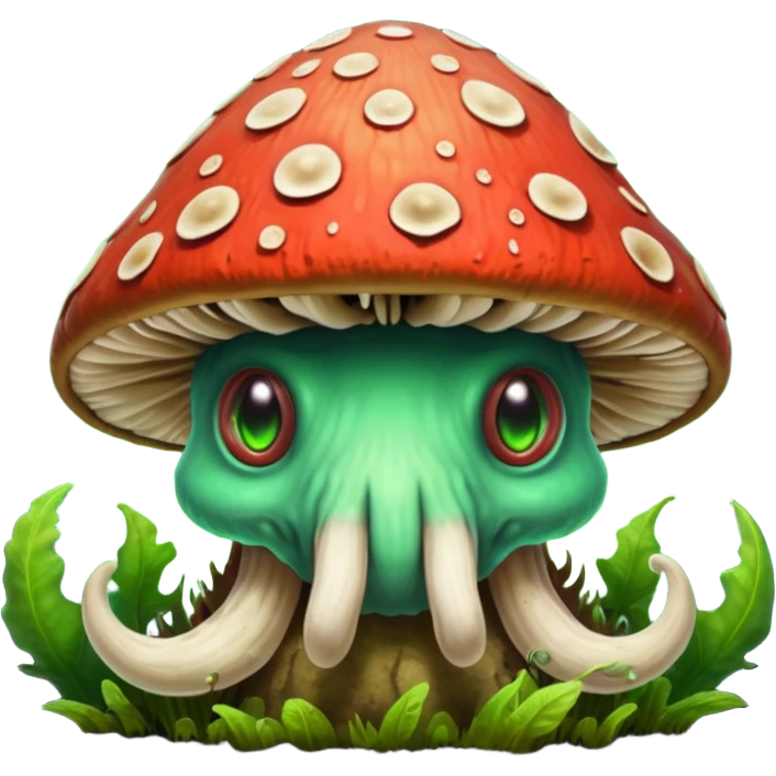 poisonous mushroom beast portrait, head and shoulders only, creature made mostly of mushroom flesh, thick mushroom cap head, layered fungal textures, toxic green spore glow, animal-like eyes, fantasy monster pet vibe, 3D cartoon, mobile game icon style, clean background, no text, no watermark

 emoji