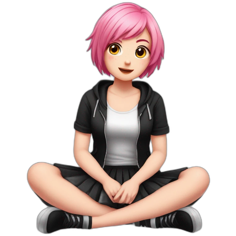 Full body Front view curvy emo girl pink hair sits on the floor straight view hands up black skirt полосатые рваные чулки emoji