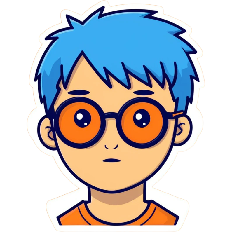 person with blue hair, glasses, and a tattoo emoji