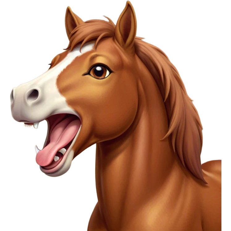 Cinematic Cute Yawning Chestnut Horse Portrait Emoji, Head tilted slightly with a dramatic, wide-open yawn, revealing a smooth chestnut fur with a subtle shimmer, floppy ears slightly drooping, round amber eyes barely open in drowsy contentment, Simplified yet irresistibly adorable features, highly detailed, glowing with a soft, cozy glow, high shine, relaxed yet expressive, stylized with a touch of equine whimsy, bright and endearing, soft glowing outline, capturing the essence of a sleepy yet affectionate horse, so drowsy it feels like it could stretch out of the screen and curl up for a nap! emoji