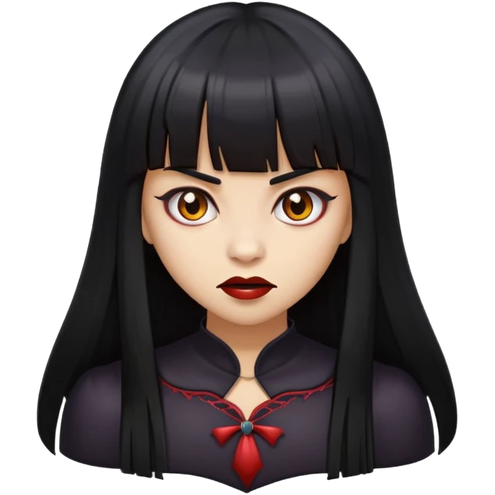 A girl with long black straight hair with bangs and medium brown skin color emoji traditional scary vampire version emoji
