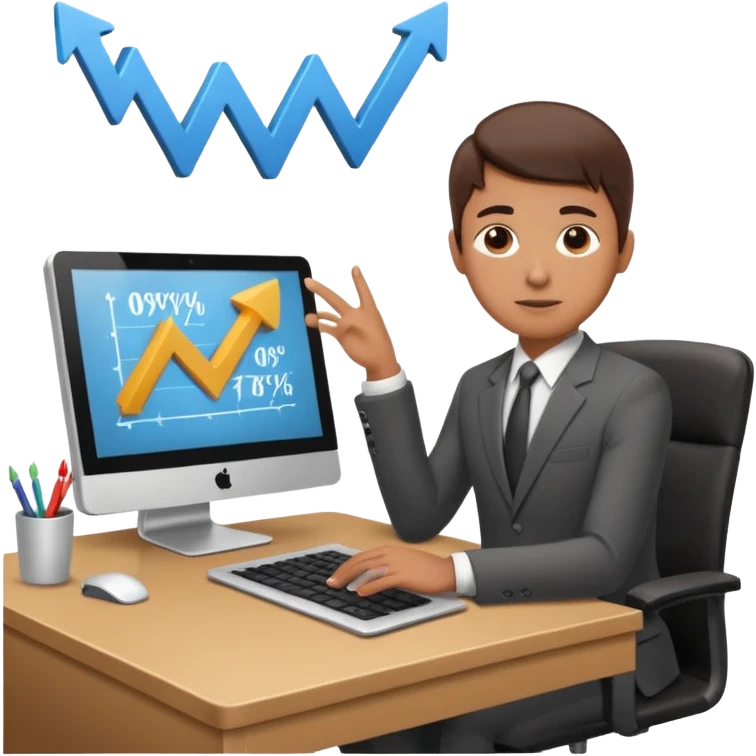 A person sitting at a desk working and looking at a computer with upward arrows and percentage signs, suggesting digital sales, marketing, or outreach. emoji