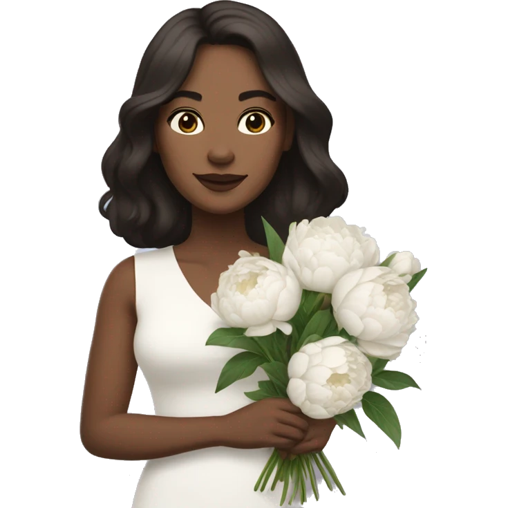 A woman with shoulder length dark brown hair holding a bouquet of white peonies emoji