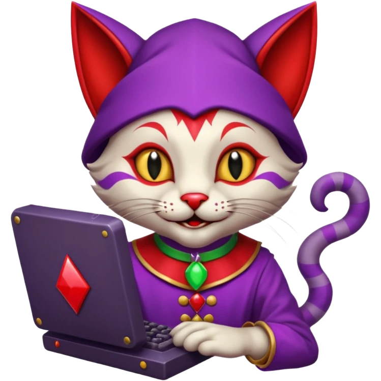 crazy colorful cute little cat jolly joker from poker, medieval, vintage, court jester, mac os icon, purple and red color, half body. The cat is represented as Code inside a retro computer terminal emoji