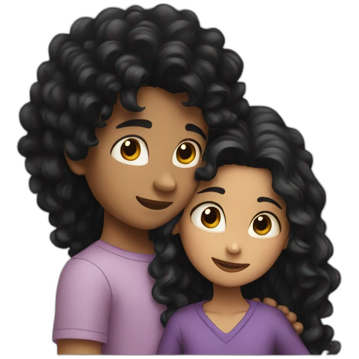 Boy with black hair and girl with long curly black hair hugging emoji