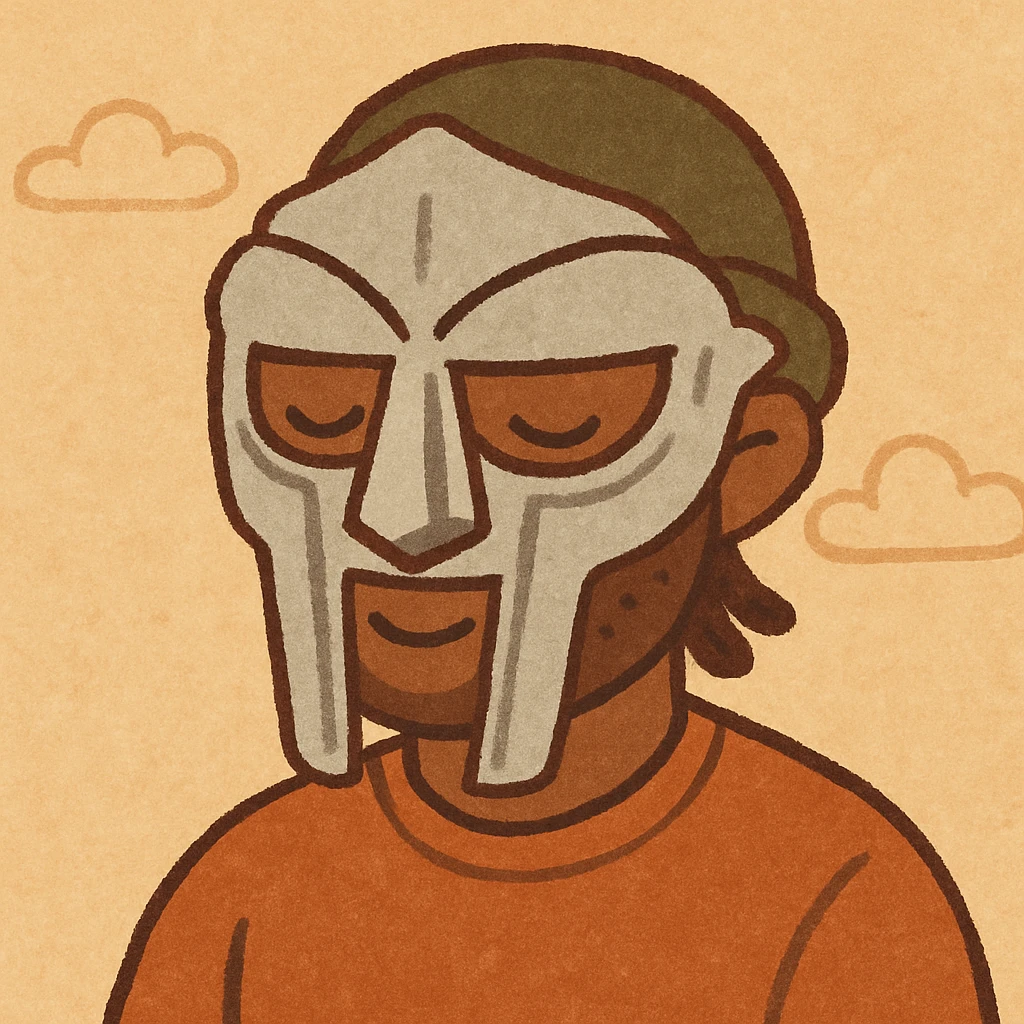 cartoon style MF Doom wearing his signature mask emoji