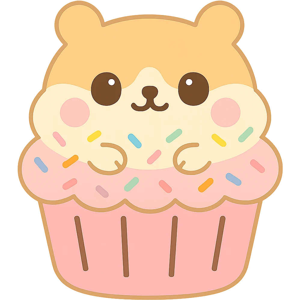 Remove the outline border from the kawaii hamster cupcake with pastel sprinkles, keeping the flat pastel style, chubby face, and transparent background. emoji