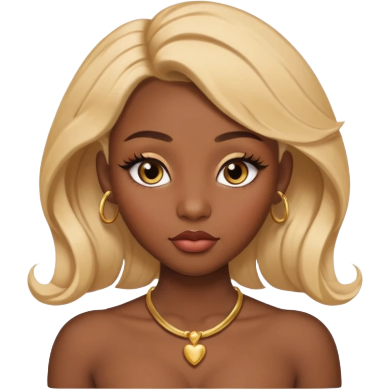 darkskin female with eyebrows that are naturally shaped and frame eyes well, eyes that are almond-shaped with defined lashes. nd lips are full with a defined cupid’s bow, add also a septum piercing that adds an edgy, stylish flair. a middle-part, honey blonde bust-down with laid baby hairs emoji