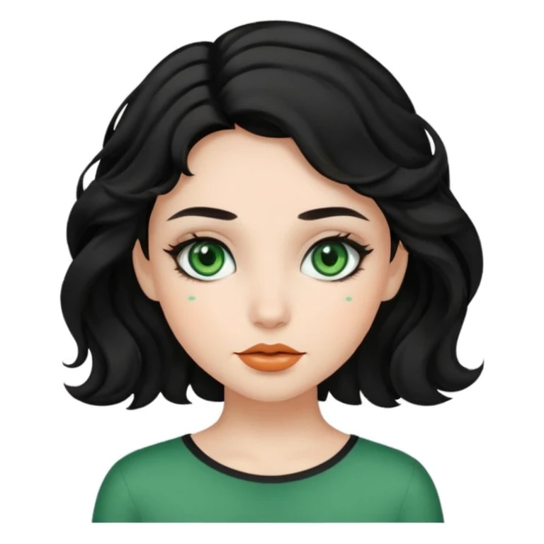 A girl with green eyes, black wavy hair with clean girl make up emoji