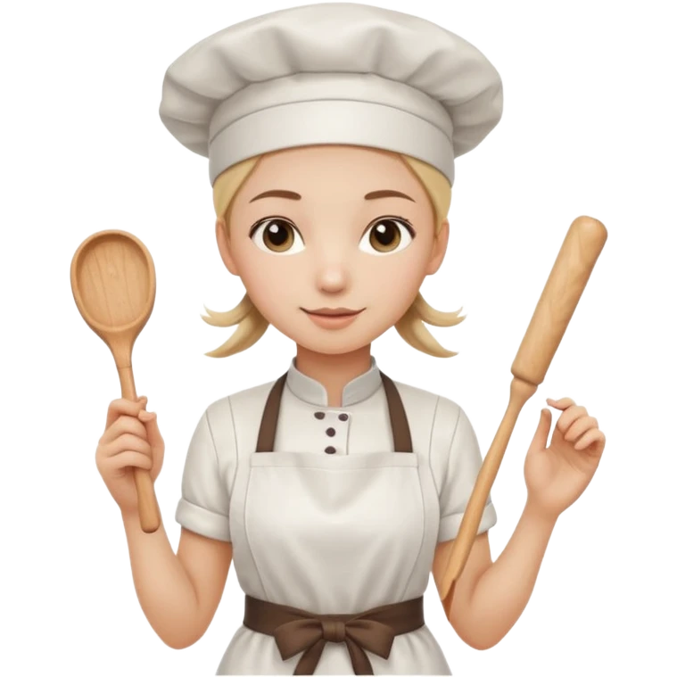 Young female pastry chef - single ponytail, apron, wearing a white hat, holding a rolling pin emoji