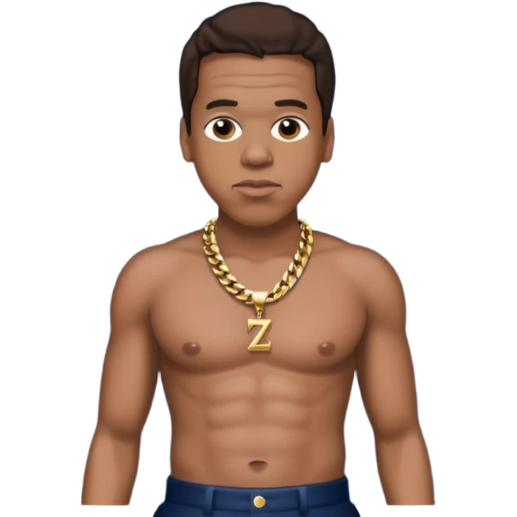 Jay-Z with dark brown hair, shirtless with necklace, metallic navy blue pants emoji