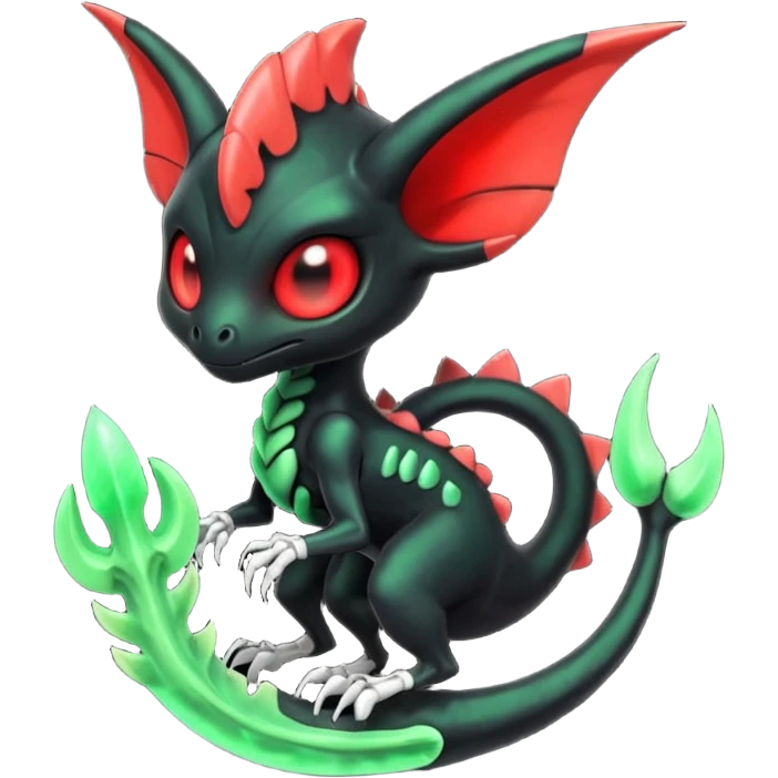 Evil horned glowing scary spooky Obsidian-black and neon-glowing-green skeletal Meloetta-Salandit-Nargacuga-Zygarde-Pokémon-Fakémon-creature-fusion-hybrid with glowing crimson-red evil slit eyes emoji