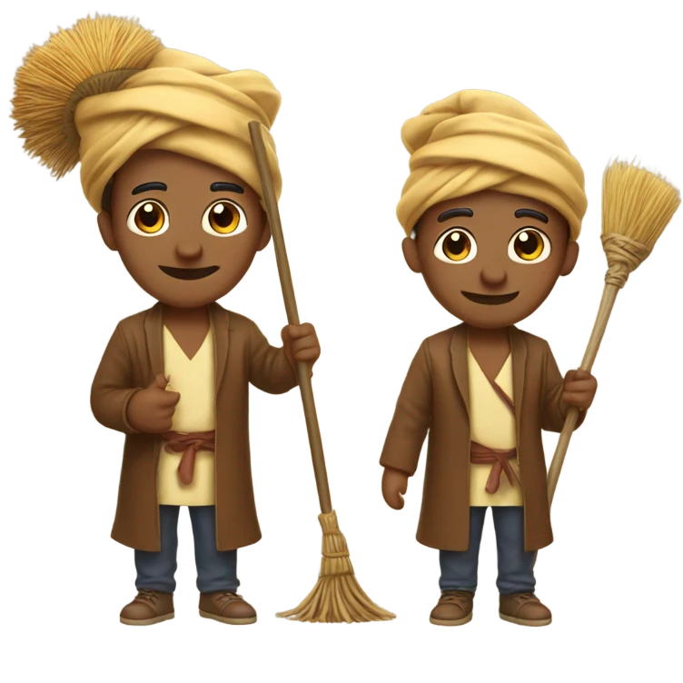 Brown male wearing a turban with curry in his hand and a magic broom in other emoji