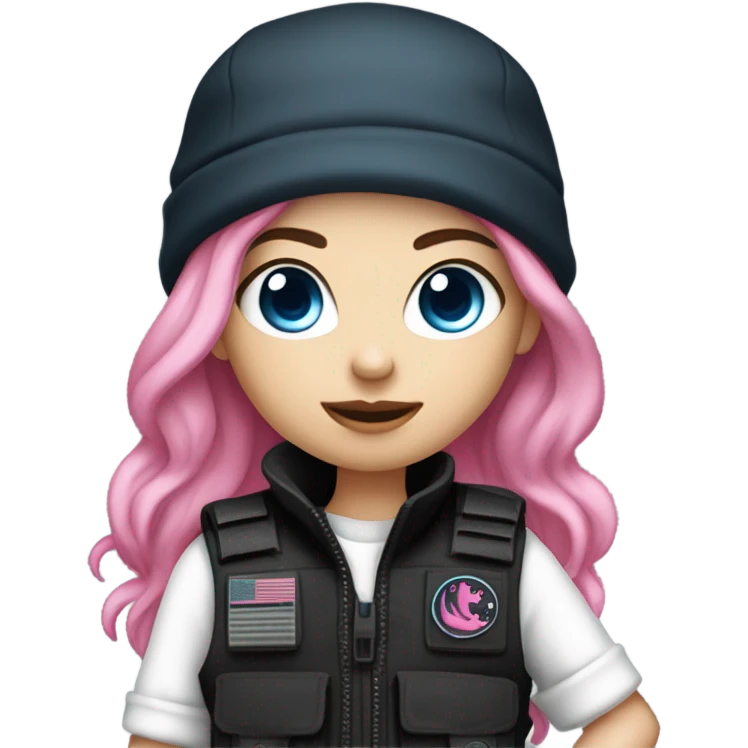 girl, white skin, tactical vest, dark pants, long pink hair, blue eyes, black beanie hat with crescent moon on front, black combat boots, gun emoji