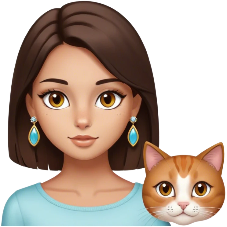 brunette girl, brown eyes, straight hair, slightly dark color, white skin, slightly tanned, cat eyes with pretty eyelashes, few freckles, earrings, beyonette lenses placed almost on the tip of the nose, toast makeup emoji