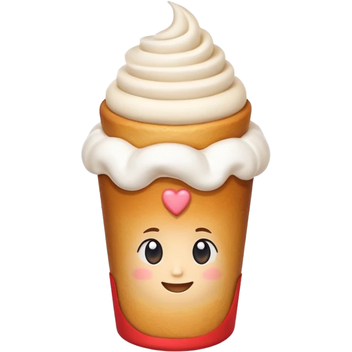 Cute emoji of a Hungarian chimney cake (kürtőskalács), cylindrical pastry, light brown baked dough with sugar coating, topped with white whipped cream, served in a small white paper cup emoji