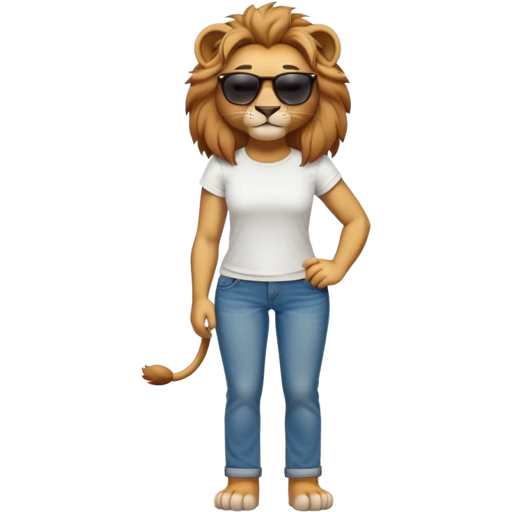 friendly anthropomorphised female lion character, full body, standing confidently with legs shoulder width apart and arms folded, wearing jeans, a white t-shirt, and dark sunglasses, with a confident smile emoji